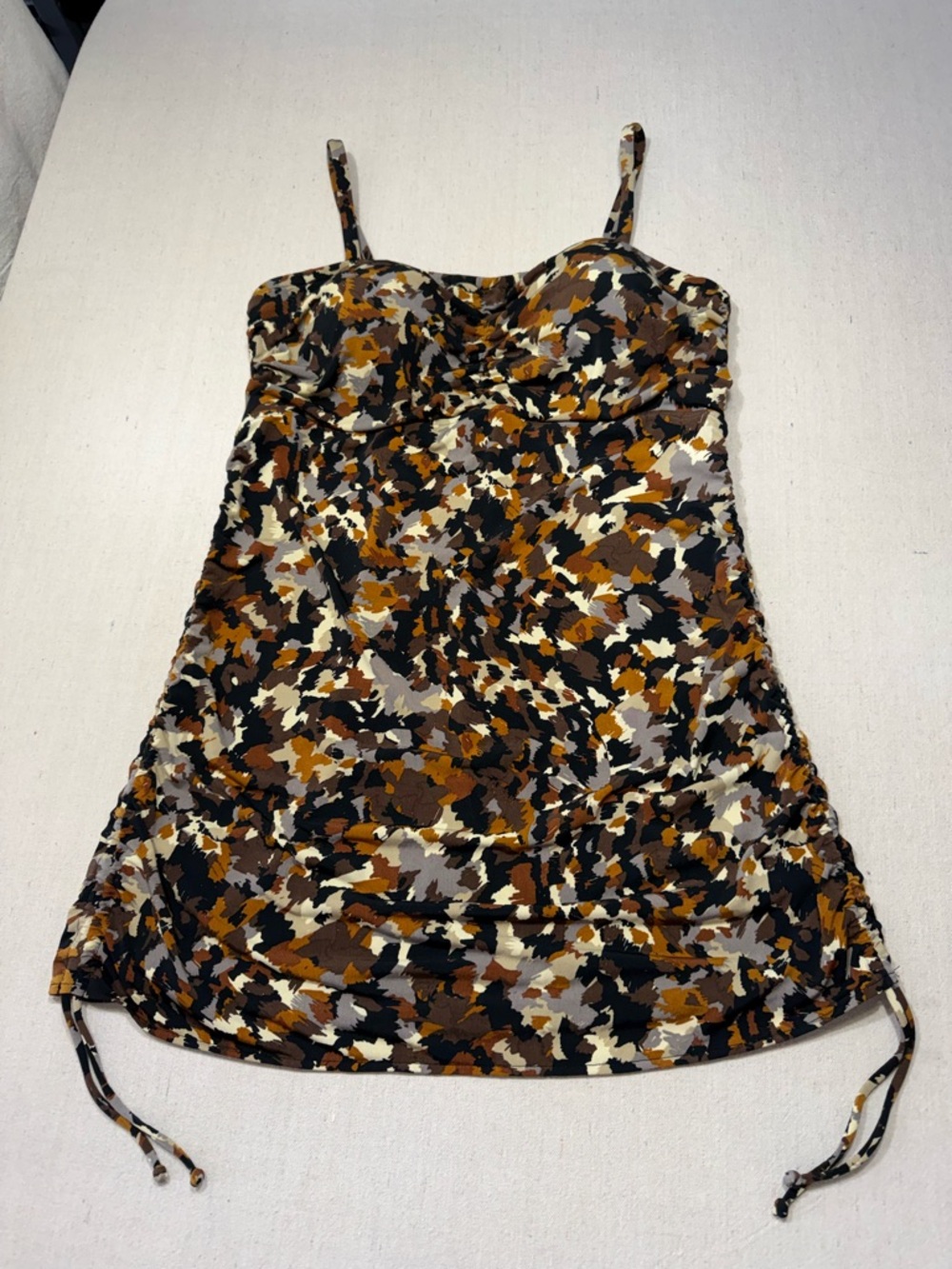 Catalina Suddenly Slim Tankini Top 2X Ruched Side Adjustable Brown Abstract